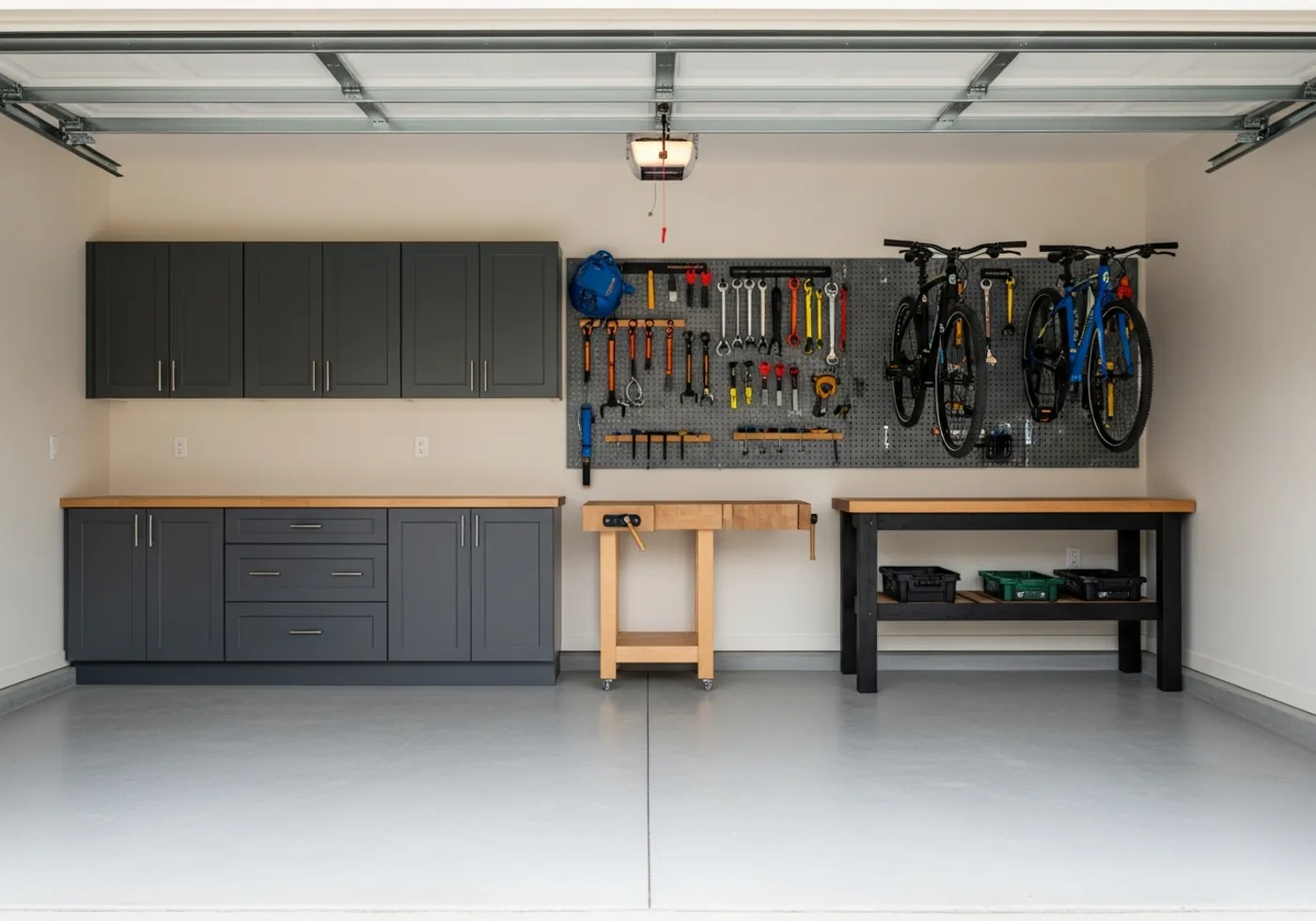 Garage after: charcoal wall cabinets, slatwall with tools and bikes hung, butcher-block workbench, clean epoxy floor