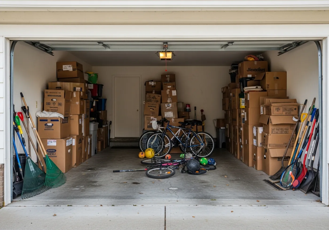 Garage before: cardboard boxes piled on the floor, bikes tangled, tools leaning in corners