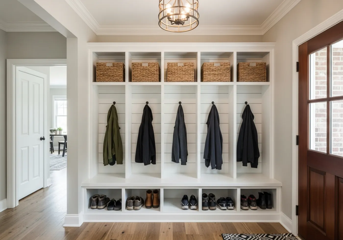 Mudroom after: built-in white lockers with bench, hooks, baskets above and shoe cubbies below