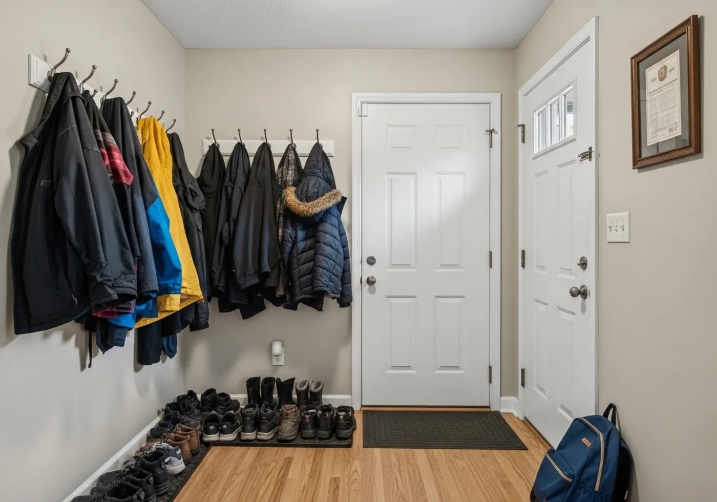 Entryway before: overloaded wall hooks buried in coats, shoes heaped on the floor, backpacks against the wall