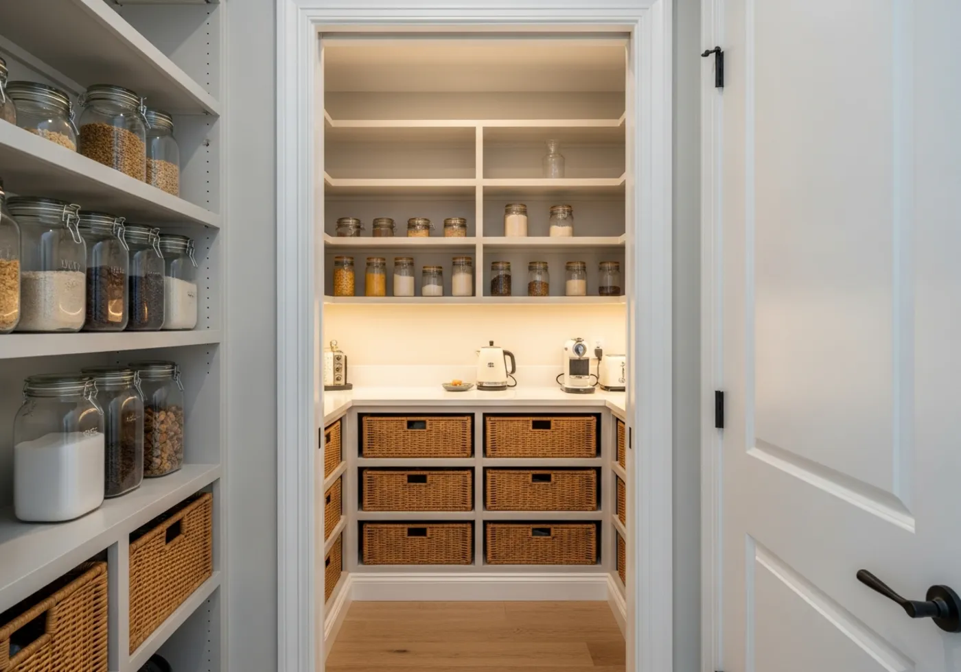 Pantry after: white custom shelving with glass canisters, woven baskets, and appliance counter with warm lighting