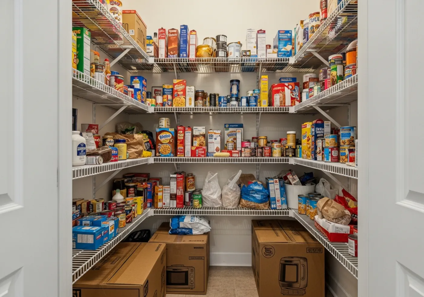 Pantry before: deep wire shelves overloaded with jumbled boxes and cans, appliance boxes on the floor