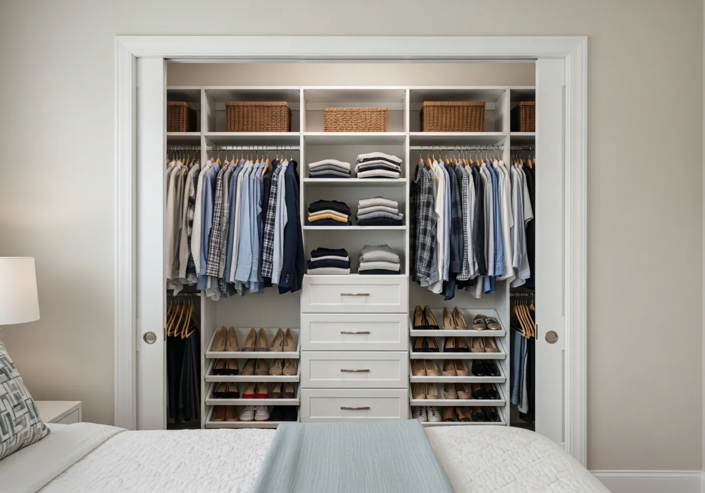 Reach-in closet after: white custom system with double hanging, center tower, drawers, and angled shoe shelves