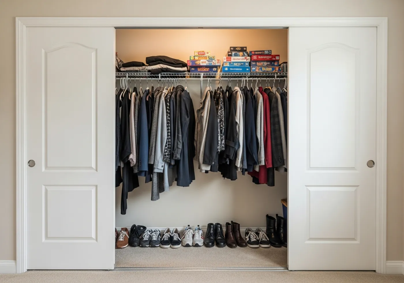 Reach-in closet before: one wire shelf and rod, overstuffed clothes, shoes lined on the floor