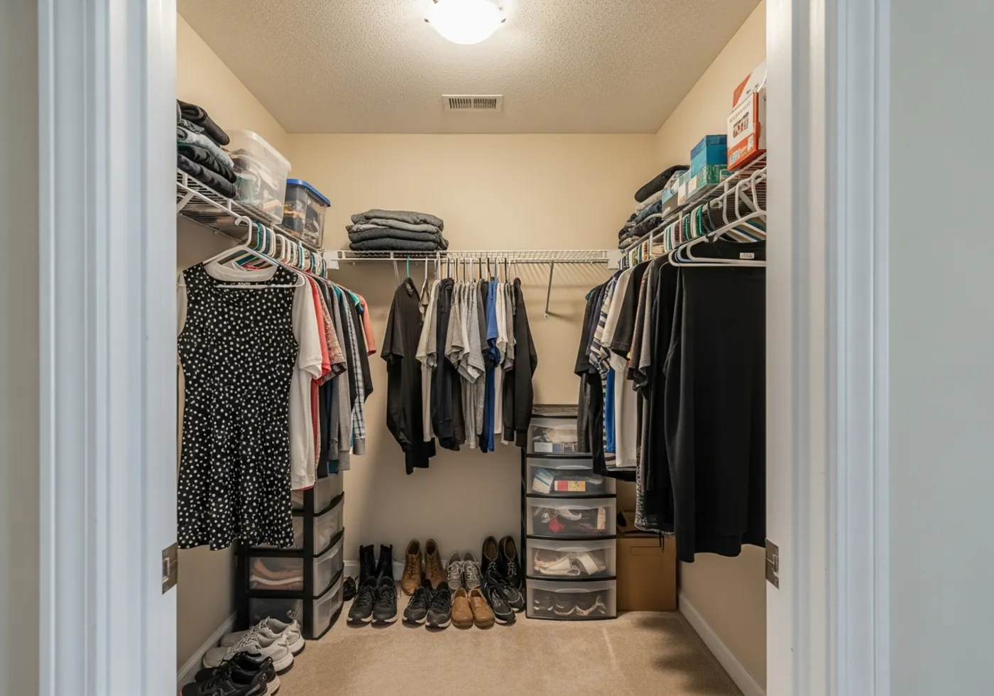 Walk-in closet before: single wire shelf, clothes crammed together, shoes and plastic bins on the floor