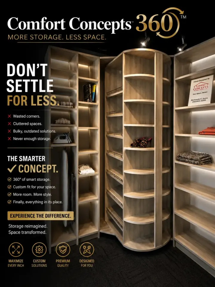 Comfort Concepts 360™ corner closet system — rotating access maximizes every inch of corner storage