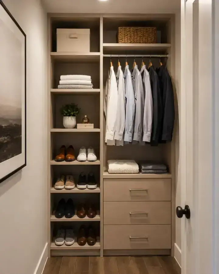 Organized reach-in closet with shelving and hanging rods