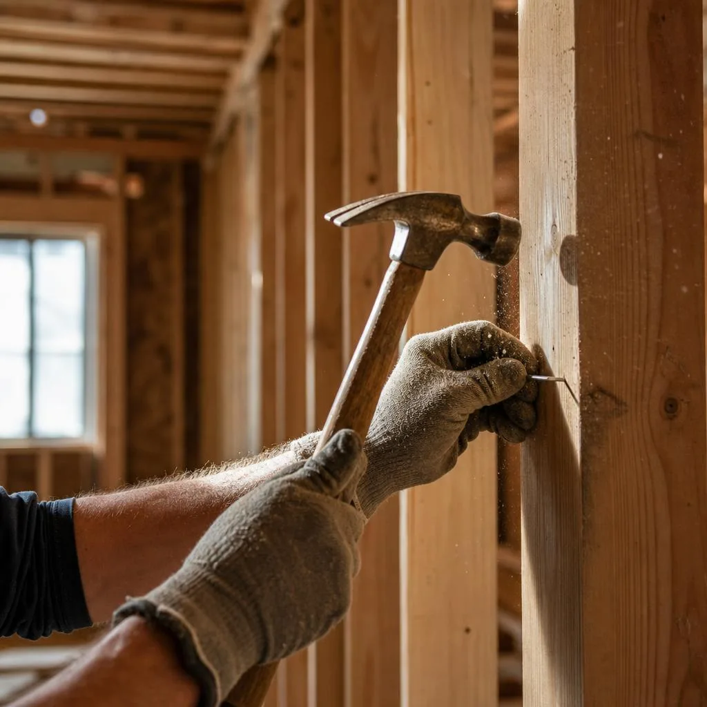A carpenter’s hands driving a nail into fresh wall framing