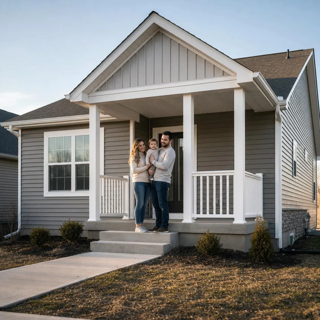 A family on the front steps of a newly completed home