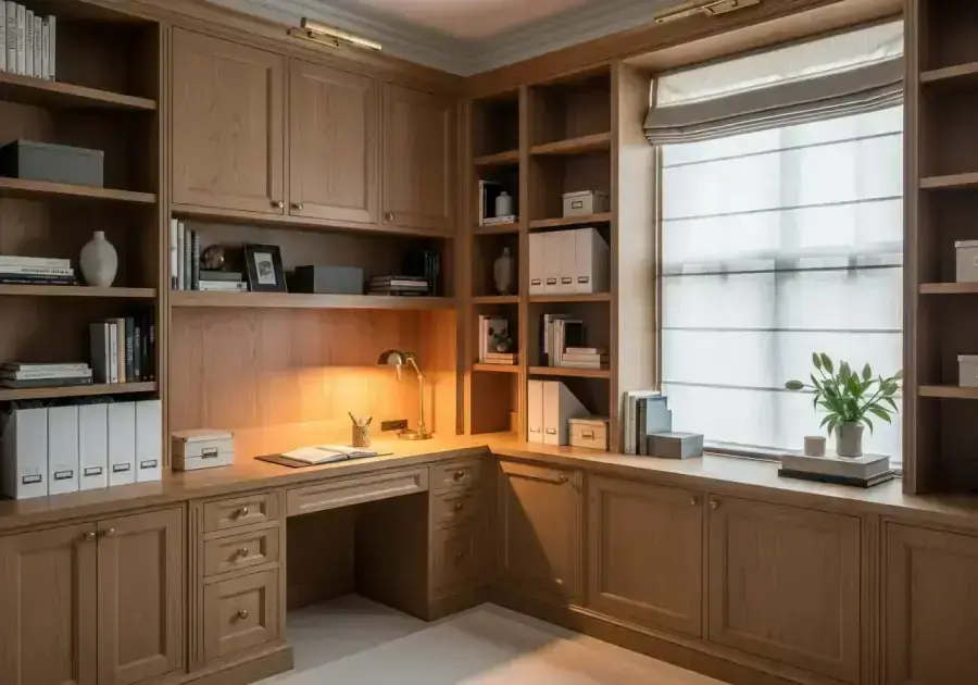 Custom home office with floor-to-ceiling built-in shelving, drawers, and integrated desk — Comfort Concepts QCA