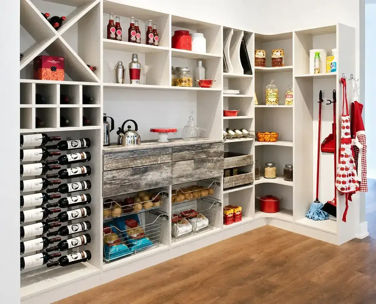 Custom pantry with wine storage, pull-out baskets, and organized shelving