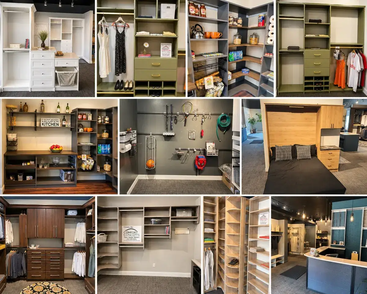 Comfort Concepts QCA showroom displays — closets, pantry, garage storage, murphy bed, and design center in Bettendorf IA